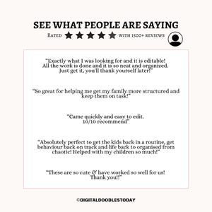 May include: A light pink background with the text "SEE WHAT PEOPLE ARE SAYING" and customer reviews. The reviews are positive and mention the product's editability and organizational benefits. The image includes a rating of five stars.