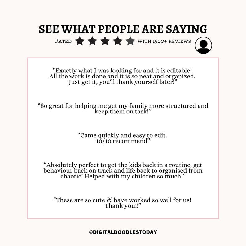 May include: A light pink background with the text "SEE WHAT PEOPLE ARE SAYING" and customer reviews. The reviews are positive and mention the product's editability and organizational benefits. The image includes a rating of five stars.