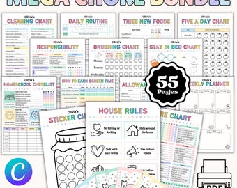 Kids Editable Chore Chart Bundle | Printable Kids Chore Chart | Allowance Behavior Reward Brushing Chart | School Checklist Digital Download