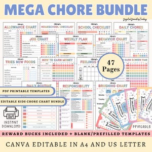 Puede incluir: Un paquete de gráficos de tareas imprimibles coloridos con el texto "MEGA CHORE BUNDLE". Incluye gráficos de asignación, escolares y de tareas diarias, además de vales de recompensa. Cuenta con 47 páginas de plantillas editables para niños.
