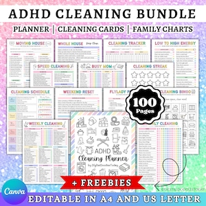 May include: A digital ADHD cleaning bundle featuring 100 pages of printable planners, cleaning cards, and family charts. The collection includes various checklists, trackers, and bingo sheets with colourful headers, all editable in A4 and US Letter sizes.