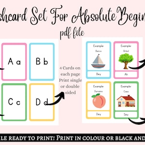 May include: A set of printable flashcards for absolute beginners learning Spanish. The flashcards feature the Spanish alphabet, example words, and images. The cards are designed to be printed on both sides.