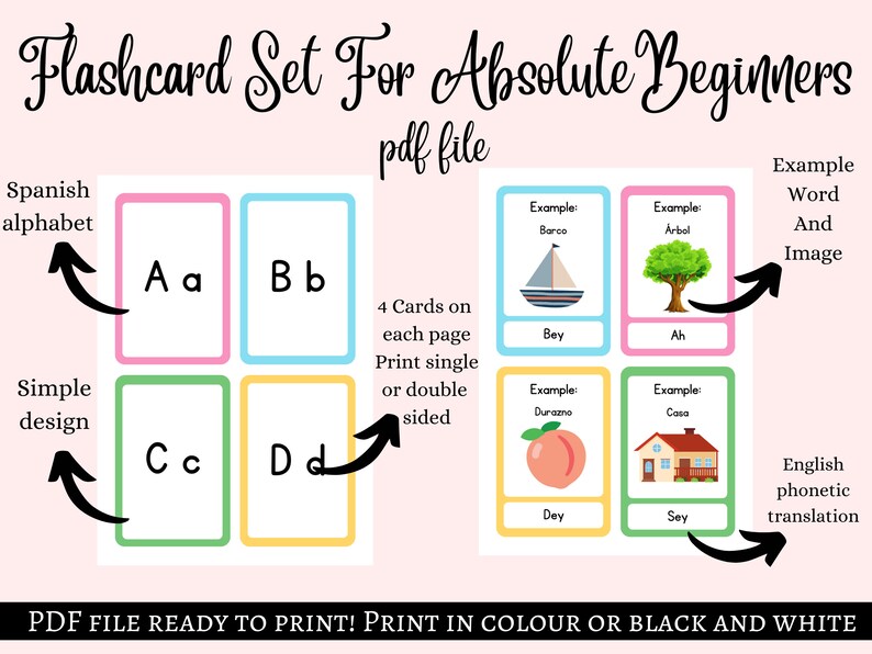 May include: A set of printable flashcards for absolute beginners learning Spanish. The flashcards feature the Spanish alphabet, example words, and images. The cards are designed to be printed on both sides.
