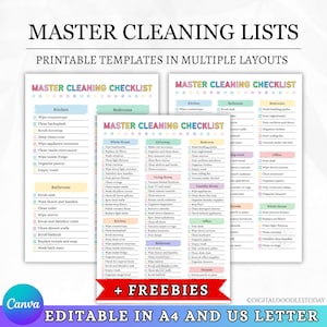 May include: Three printable master cleaning checklist templates with colourful headers and checkboxes. The text includes categories like Kitchen, Bedrooms, Bathroom, Entryway, Living Room, Laundry Room, and Office. The bottom features a red banner with the text + FREEBIES.
