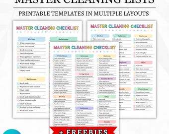 Può includere: Tre modelli di liste di pulizia stampabili con intestazioni colorate e caselle di controllo. Il testo include categorie come Cucina, Camere da letto, Bagno, Ingresso, Soggiorno, Lavanderia e Ufficio. In basso c'è un banner rosso con + FREEBIES.