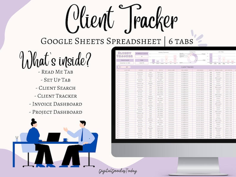 May include: A computer screen displaying a Google Sheets spreadsheet with the title "Client Tracker". The spreadsheet has six tabs: "Read Me", "Set Up", "Client Search", "Client Tracker", "Invoice Dashboard", and "Project Dashboard".