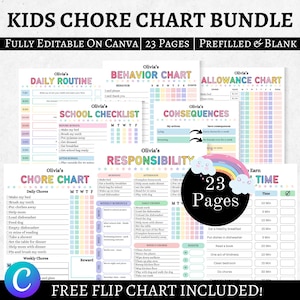 Editable Kids chore chart bundle,Kids daily checklist canva,Editable responsibility chart,Allowance,Screentime,Behavior,Reward chart, PDF