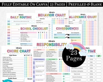 Editable Kids chore chart bundle,Kids daily checklist canva,Editable responsibility chart,Allowance,Screentime,Behavior,Reward chart, PDF