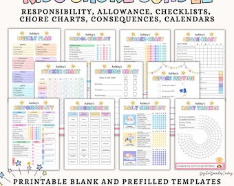 Kids Chore Chart Bundle Editable Canva | Printable Kids Chore Chart | Kids Routine Chart | Sticker Chart | Reward Chart | Daily Checklist