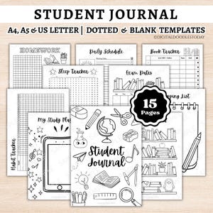 Utskrivbart studentstudiepaket, studentjournal, utskrivbara bullet journal-sidor, mallar för studieuppföljning, studentplanerare BUJO PDF