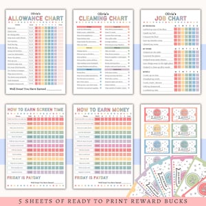 May include: Set of five printable reward charts and reward bucks. Charts include allowance, cleaning, and job charts, plus screen time and money earning charts. The charts have colorful columns for tracking tasks. Reward bucks are included.
