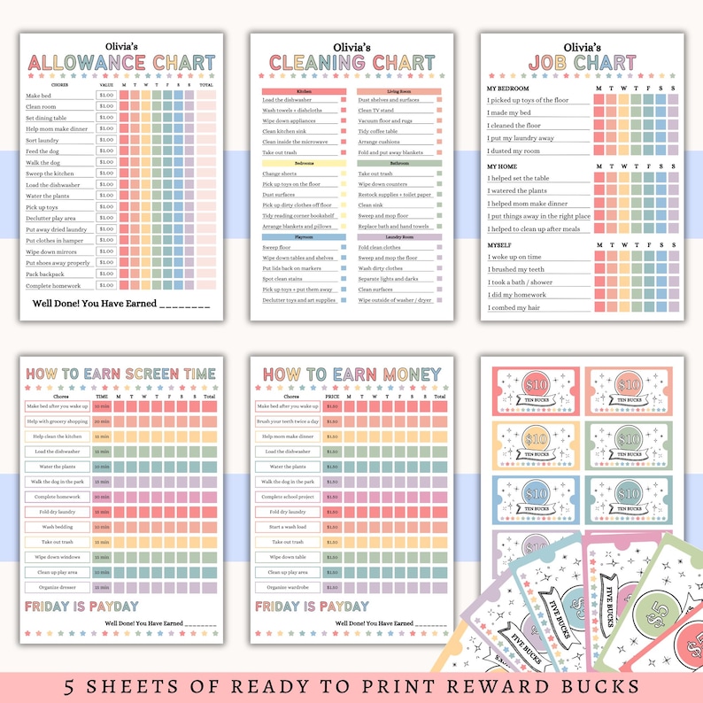 May include: Set of five printable reward charts and reward bucks. Charts include allowance, cleaning, and job charts, plus screen time and money earning charts. The charts have colorful columns for tracking tasks. Reward bucks are included.