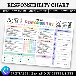 Bearbeitbare Verantwortungstabelle für Kinder | Druckbar | Kids Täglicher Wochenplan | Kids Putzliste | Checkliste für die tägliche Routine für Kinder | PDF-Datei