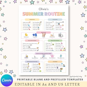 May include: A printable summer routine chart with the title "Olivia's Summer Routine" in colorful text. The chart includes sections for morning, evening, bedtime, healthy mind, healthy body, how to earn screen time, boredom busters, and chores. The chart is editable in A4 and US letter sizes.