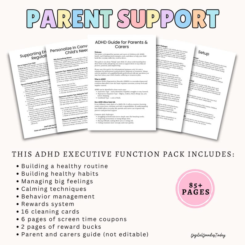 May include: A collection of printable parent support materials with the text "PARENT SUPPORT" at the top. The pack includes guides, cleaning cards, and reward bucks. The text "THIS ADHD EXECUTIVE FUNCTION PACK INCLUDES:" is also visible.