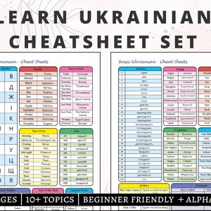 May include: A set of two educational cheat sheets for learning the Ukrainian language, featuring tables with the alphabet, numbers, months, days, and common vocabulary. The text includes "LEARN UKRAINIAN CHEATSHEET SET" and "3 PAGES 10+ TOPICS BEGINNER FRIENDLY + ALPHABET".