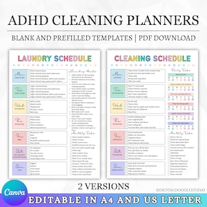 May include: ADHD cleaning planners with blank and prefilled templates. Two printable PDF pages titled Laundry Schedule and Cleaning Schedule, featuring daily tasks, checkboxes, and laundry hacks in a colorful, organized layout for A4 and US Letter.