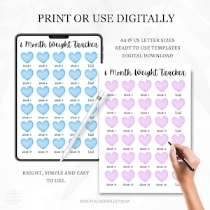 Op de afbeelding: Een digitale 6-maanden gewichtstracker-sjabloon met blauwe en paarse hartpictogrammen voor 24 weken en een totaal. De tekst luidt PRINT OR USE DIGITALLY, A4 & US LETTER SIZES, READY TO USE TEMPLATES, DIGITAL DOWNLOAD, en BRIGHT, SIMPLE AND EASY TO USE.