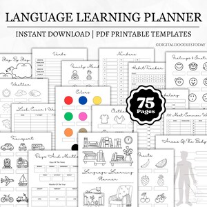 May include: A language learning planner consisting of 75 pages of printable PDF templates. The black and white sheets feature various educational categories including verbs, numbers, weather, colors, transport, days, months, and body parts with icons.