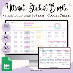 Op de afbeelding: Een digitale studentenbundel weergegeven op een computermonitor en tablet. De bundel bevat een opdrachttracker, studieplanner en maaltijdplanner. De tekst "Ultimate Student Bundle" staat bovenaan.