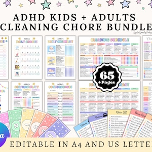 Può includere: Un colorato pacchetto di compiti per la pulizia per ADHD con oltre 65 pagine, tra cui routine quotidiane, liste di controllo e programmi di pulizia. Il pacchetto è modificabile nei formati A4 e US Letter. L'immagine presenta una varietà di grafici e schede.