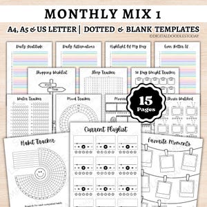 Plantillas imprimibles para Bullet Journal con seguimiento mensual, páginas digitales para Bullet Journal, paquete mensual para BUJO, plantillas prediseñadas para Bullet Journal.