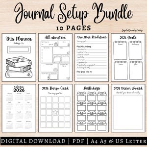 May include: A black and white digital journal setup bundle with 10 pages, including a planner, goal sheets, and a vision board. The text "Journal Setup Bundle" is at the top. The bottom text reads "Digital Download | PDF | A4 A5 & US LETTER".