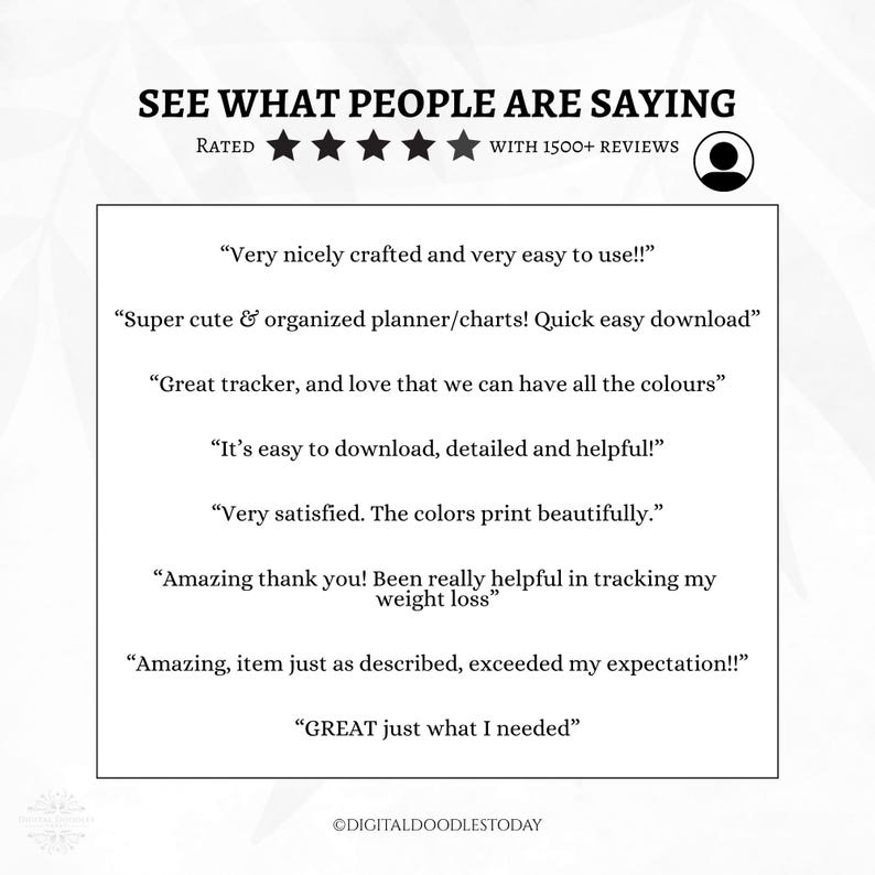 Op de afbeelding: Een witte afbeelding met de tekst SEE WHAT PEOPLE ARE SAYING, vijf zwarte sterren en de tekst 1500+ REVIEWS. Hieronder staan acht klantbeoordelingen die een digitale planner prijzen, inclusief opmerkingen over het gebruiksgemak en de download.