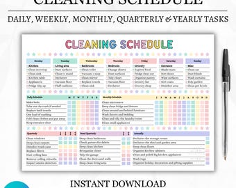 May include: A printable cleaning schedule template with a white background, pastel-coloured headers, and organised sections for daily, weekly, monthly, quarterly, and yearly tasks. A black ballpoint pen is positioned vertically on the right side.
