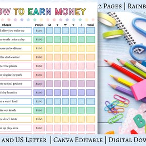 お金を稼ぐ方法の家事表 | 編集可能な子供向けのお小遣い家事表 | 印刷可能な子供向け家事表 | 子供向けの責任表