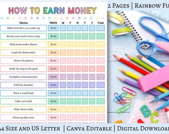 Come guadagnare soldi: tabella delle faccende domestiche / Tabella delle faccende domestiche modificabile per i bambini / Tabella delle faccende domestiche stampabile per i bambini / Tabella delle responsabilità per i bambini