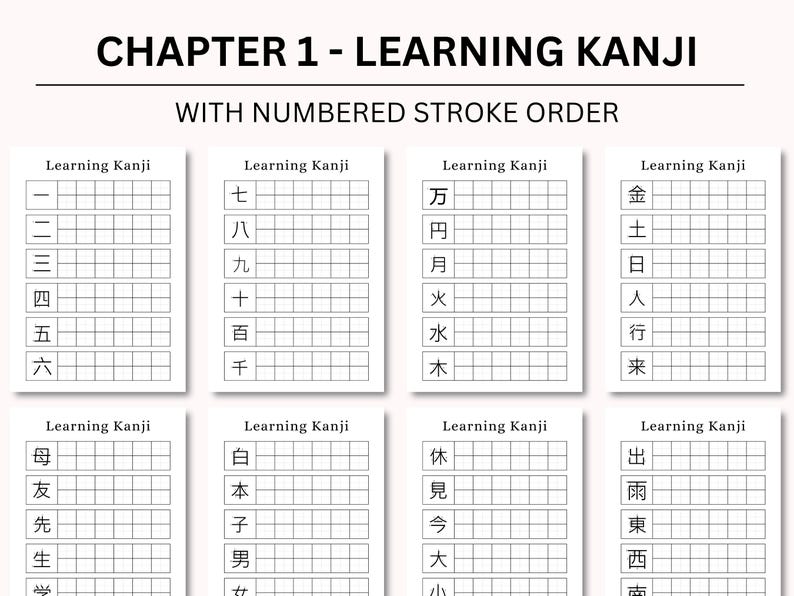 Zeszyt ćwiczeń do kanji do druku | Zeszyt ćwiczeń do języka japońskiego | Arkusze ćwiczeń do kanji do druku | Nauka japońskiego kanji | Zeszyt ćwiczeń do nauki kanji | Wydruk PDF zdjęcie 3