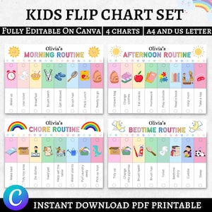 Kids Flip Routine Chart Editable Printable, Morning Evening Bedtime Flip Chart, Visual Schedule For kids Toddler Chore Chart Canva PDF