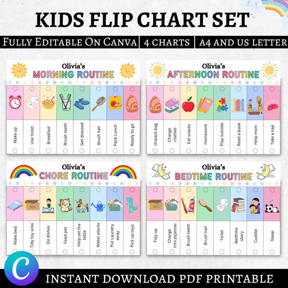 Kids Flip Routine Chart Editable Printable, Morning Evening Bedtime Flip Chart, Visual Schedule For kids Toddler Chore Chart Canva PDF