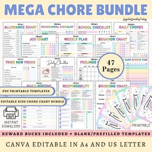 May include: A collection of printable chore charts and reward systems. Charts include allowance, homeschool, school checklist, daily chores, weekly plan, job chart, and behaviour chart. The bundle contains 47 pages and is Canva editable.