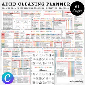 ADHD cleaning planner bundle, cleaning checklist, home cleaning schedule, cleaning calendar, family chore chart, declutter, Canva editable