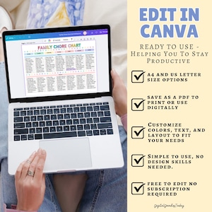 May include: A laptop displaying a colorful family chore chart. The screen shows a list of tasks with various color-coded categories. Text on the right side reads "EDIT IN CANVA" and details about the product, including "A4 and US Letter size options."