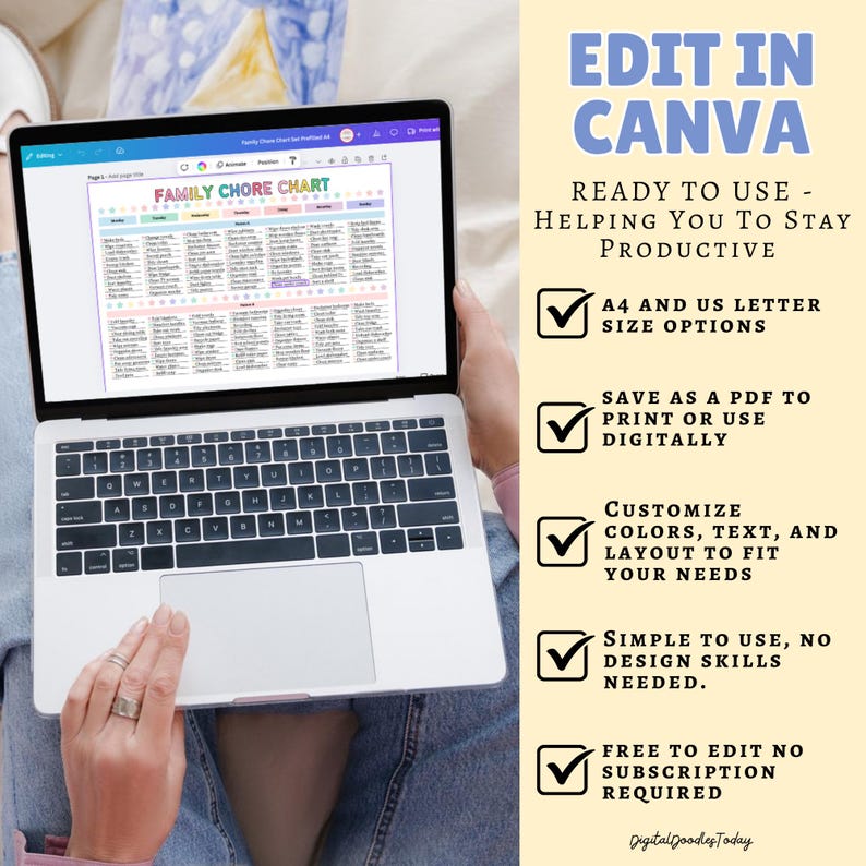 May include: A laptop displaying a colorful family chore chart. The screen shows a list of tasks with various color-coded categories. Text on the right side reads "EDIT IN CANVA" and details about the product, including "A4 and US Letter size options."