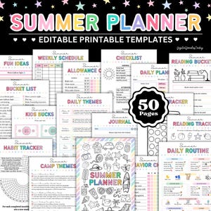 May include: A collection of 50 printable summer planner pages featuring colorful headers and black and white activity templates. The set includes schedules, checklists, habit trackers, and reading logs with playful icons like stars, suns, and beach items.