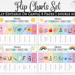 Kinder Flip Routine Chart bearbeitbar druckbar, Morgen Abend Schlafenszeit Flip Chart, visueller Stundenplan für Kinder Kleinkind Chore Chart Canva PDF
