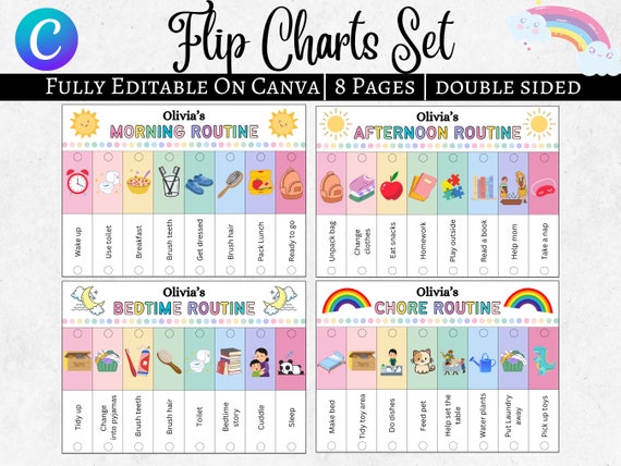 Kids Flip Routine Chart Editable Printable, Morning Evening Bedtime Flip Chart, Visual Schedule For kids Toddler Chore Chart Canva PDF
