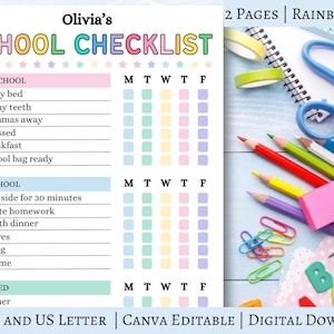 Canva Editable Schoolday checklist for kids | Printable | Chore Chart | Before School, After School, Before Bed | Kids Responsibility Chart