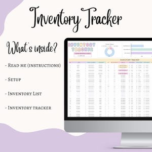 May include: A computer monitor displays an inventory tracker spreadsheet. The screen shows the title "Inventory Tracker" and the words "What's inside?" with a list of included items. The spreadsheet has columns for item details and order status.