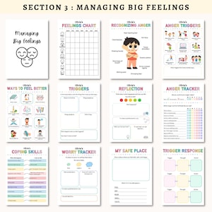 May include: A collection of printable worksheets titled "Managing Big Feelings." The pages include a feelings chart, anger triggers, ways to feel better, coping skills, and a worry tracker. The worksheets are designed with colorful illustrations and text.