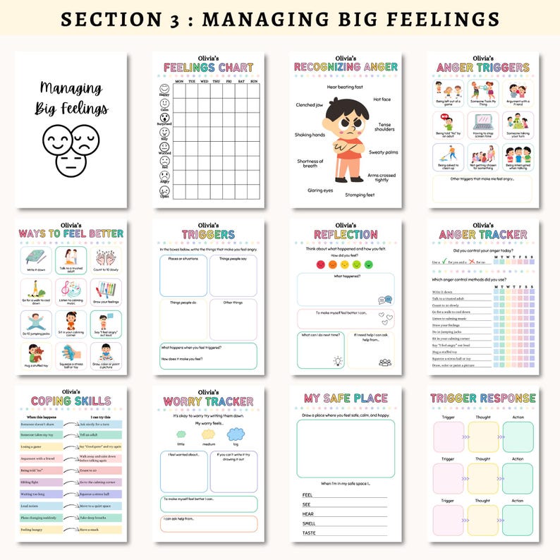 May include: A collection of printable worksheets titled "Managing Big Feelings." The pages include a feelings chart, anger triggers, ways to feel better, coping skills, and a worry tracker. The worksheets are designed with colorful illustrations and text.