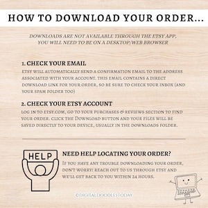 May include: An instructional graphic on a light wood background titled HOW TO DOWNLOAD YOUR ORDER. It explains that downloads are not available through the Etsy app and provides two steps: check your email for a confirmation link or log into your Etsy account to find your order in the purchases and reviews section. It includes a help section for troubleshooting and the text @DIGITALDOODLESTODAY.
