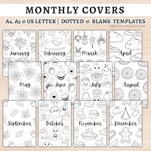 Bundel met 12 omslagpagina's voor maandplanners, printbare bullet journal-pagina's, kant-en-klare maandoverzichten, maandtitelpagina's en een sjabloon voor een inlegvel voor een dagboek. afbeelding 1