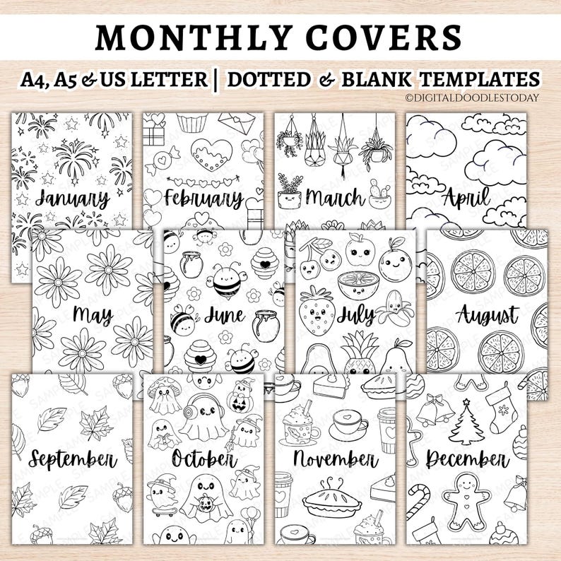Bundel met 12 omslagpagina's voor maandplanners, printbare bullet journal-pagina's, kant-en-klare maandoverzichten, maandtitelpagina's en een sjabloon voor een inlegvel voor een dagboek. afbeelding 1