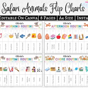 Safari Kids Flip Routine Chart bearbeitbar druckbar, morgens abends vor dem Schlafengehen Flip Chart, visueller Stundenplan für Kinder Kleinkind Chore Chart Canva