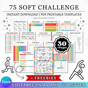 May include: A collection of 75 Soft Challenge PDF printable templates featuring 30+ pages including a weekly weight tracker, calorie tracker, grocery list, water intake tracker, exercise tracker, meal planner, and body measurements in A4 and US Letter.